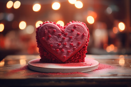 Red heart-shaped cake on a wooden background. Valentine's Day.の素材