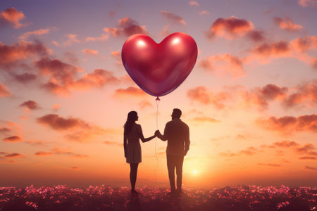 Couple in love holding hands and holding red heart shaped balloon in the sunset sky.の素材