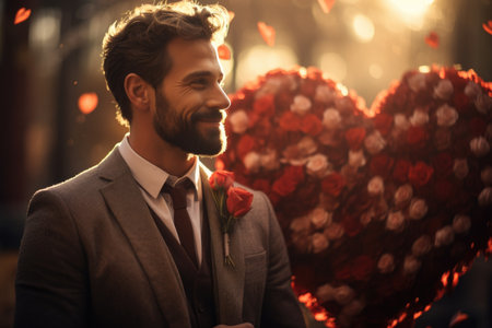 Handsome young man holding a red rose and smiling while standing outdoorsの素材