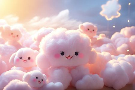 Cute white clouds with cute kawaii sheep on sky backgroundの素材