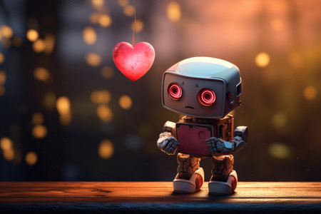 vintage robot with red heart on wooden table and bokeh backgroundの素材