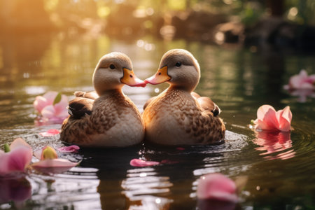 Two ducks swimming in the lake with pink flower petals background.の素材