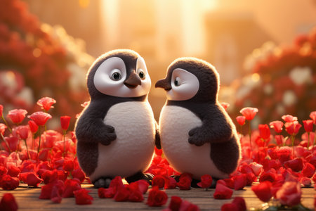 Two cute penguins in love on a background of red flowers. Valentine's Day.の素材