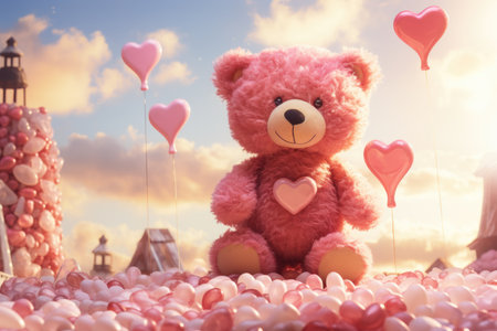 teddy bear with heart shaped balloons on sky background, valentine conceptの素材
