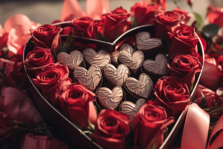 Heart-shaped box of chocolates and red roses on Valentine's Dayの素材