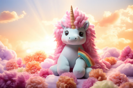 Unicorn with rainbow and flowers in the sky.の素材