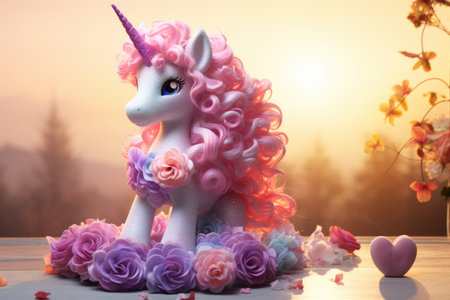 Unicorn with pink hair on the background of the sunset.の素材