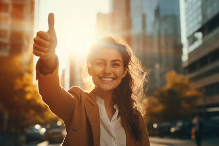 Portrait of a smiling young business woman showing thumbs up in the cityの素材