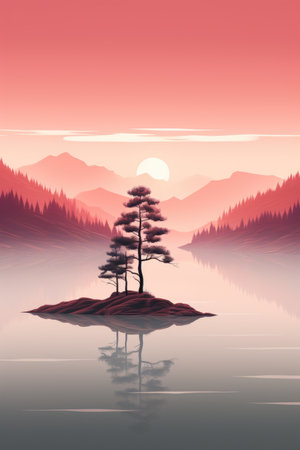 Fantasy landscape with pine tree in the lakeの素材