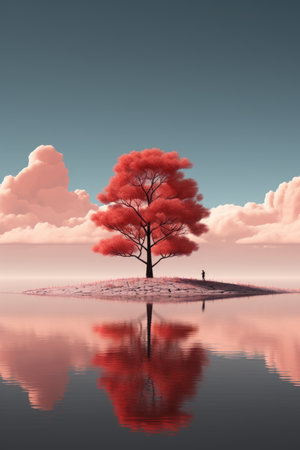 Landscape with red tree and reflection in the lake.の素材