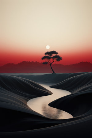 Lonely tree in the middle of a desert at sunset.の素材