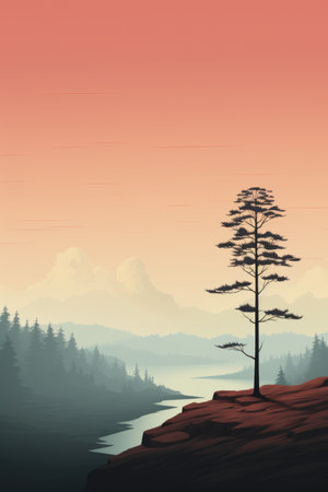 Foggy landscape with a pine tree in the foreground.の素材