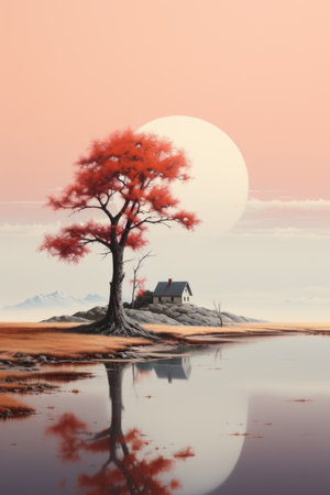 Lonely tree on the beach at sunset.の素材