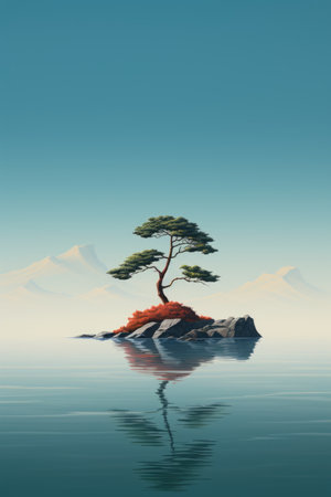 Pine tree on a rock in the sea.の素材