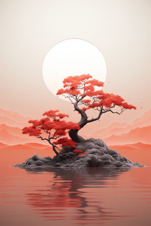 Bonsai tree in the sea at sunset.の素材