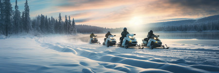 Snowmobiling in the winter forest. Panoramic image.の素材