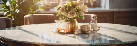 Vase with flowers on the table in cafe, panoramic bannerの素材
