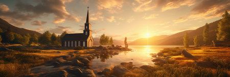 Church on the lake at sunset. Panoramic view of Lake Tekapo, South Island, New Zealandの素材