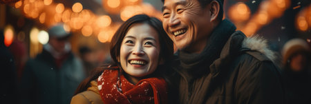 Happy asian couple having fun on christmas market. Christmas and New Year concept.の素材