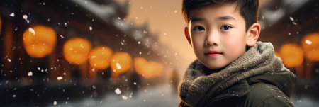 Portrait of Asian boy with snowfall in the city.の素材