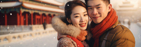 happy asian couple in winter clothes hugging and looking at camera outdoorsの素材
