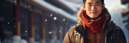 young Asian man in winter clothes and red scarf on the streetの素材