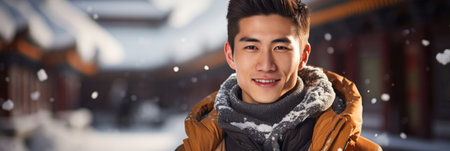 young asian man in winter clothes smiling at camera on snowfall backgroundの素材