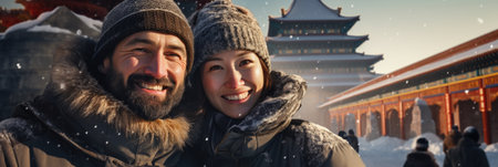 Happy asian couple in winter at Chinese temple during snowfallの素材