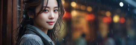 Beautiful Asian woman in the city at night with rain.の素材