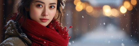 beautiful asian woman in red scarf on snowy street, bannerの素材