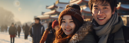 Cheerful Asian couple walking in the park in winter.の素材