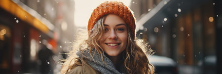 panoramic shot of smiling young woman in winter clothes looking at camera on streetの素材