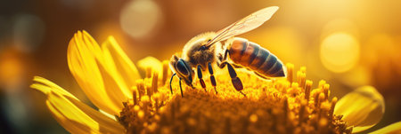 Bee on yellow flower. Macro photo of a bee pollinating a flower.の素材