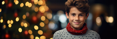portrait of smiling boy in sweater and scarf over Christmas lights backgroundの素材