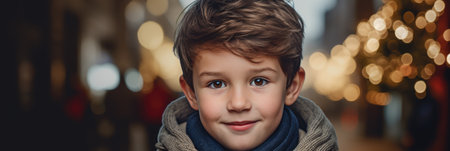 Portrait of a little boy in a scarf on a Christmas marketの素材
