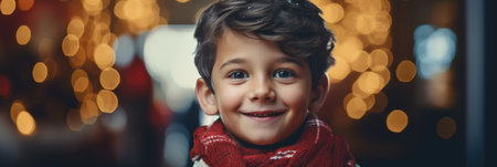 cute little boy in red scarf and scarf looking at camera on christmas marketの素材