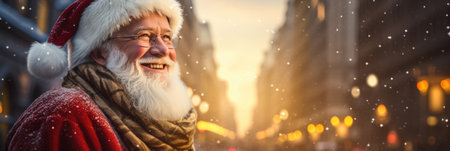 Portrait of senior man wearing santa claus hat against snow fallingの素材