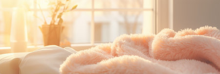 Close-up of cozy bed with soft plaid and flowers on windowsillの素材