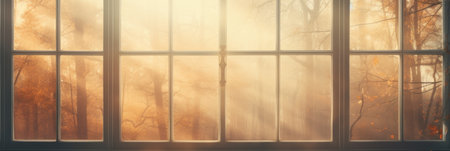 Panoramic view of the foggy autumn forest through the windowの素材