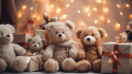 Teddy bears with Christmas gifts on a background of a garland.の素材