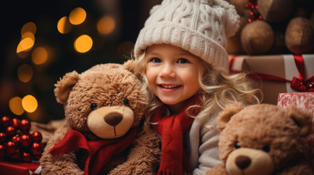 Little girl with teddy bear at home. Christmas and New Year concept.の素材