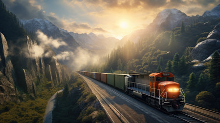 Freight train on the road in the mountains.の素材