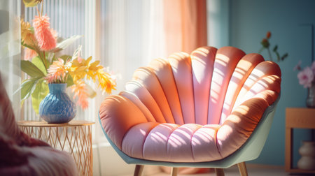 Comfortable armchair in modern living room interior with flowers in vaseの素材