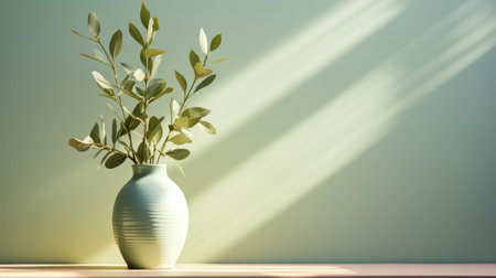 Vase with green plant on a wooden table against a blue wallの素材