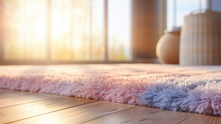 Wooden floor with pink fluffy carpet and rattan vase in bright living roomの素材