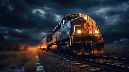 Train in the mountains at night. 3d rendering. Computer digital drawing.の素材