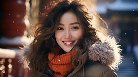 Portrait of a young beautiful girl in a warm coat and scarf on a background of a winter streetの素材