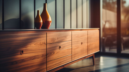 Wooden cupboard with vases in modern home interior. Toned imageの素材