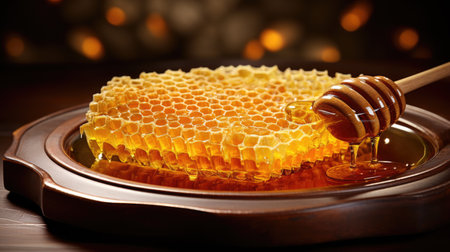 Honeycombs with honey on wooden table in front of fireplaceの素材