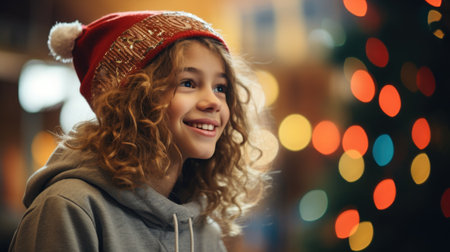 smiling little girl in winter hat at christmas market on lights backgroundの素材